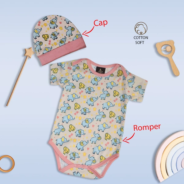Adhigams New Born Baby Boy Caps/Rompers/Mittons/Booties/Napkins Clothing Gift Set -5 Pieces Baby Elephant (Pink) for 0-6, 6-12 Months
