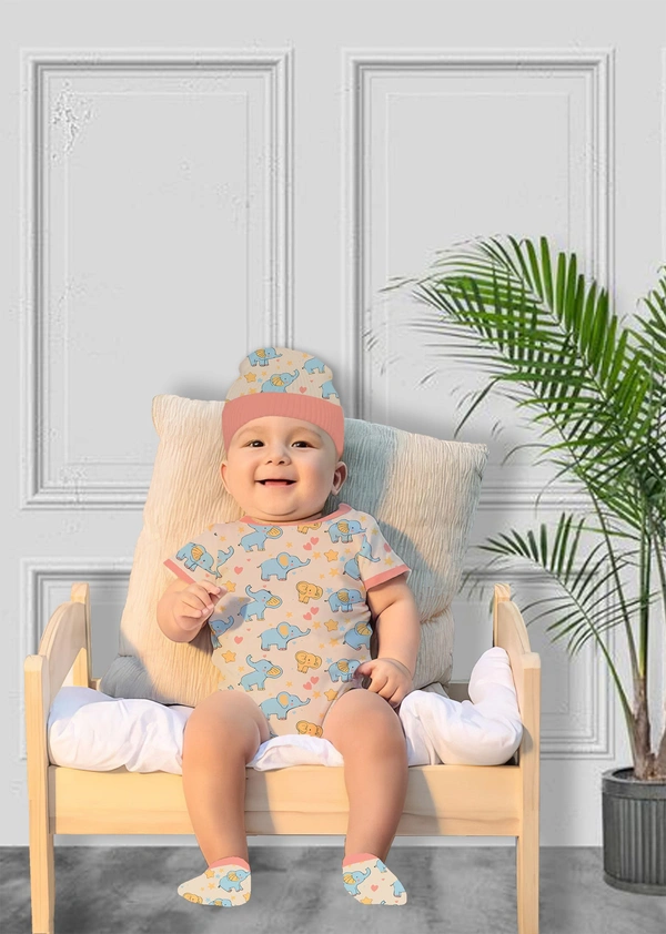 Adhigams New Born Baby Boy Caps/Rompers/Mittons/Booties/Napkins Clothing Gift Set -5 Pieces Baby Elephant (Pink) for 0-6, 6-12 Months