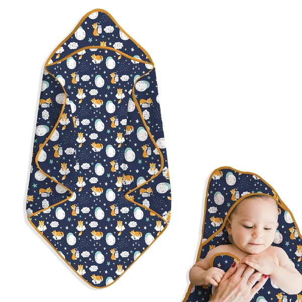 Adhigams New Born Baby Cosmic Night Stylish Cotton Hooded Blanket for Baby boy and Girl | for 0 to 12 Months (Pack of 1) (Dark Blue) - 0-12 M