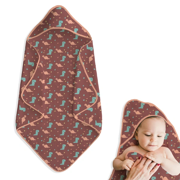 adhigams New Born Baby Dino Doodle Stylish Cotton Hooded Blanket for Baby boy and Girl | for 0 to 12 Months (Pack of 1) (Brown) - 0-12 M