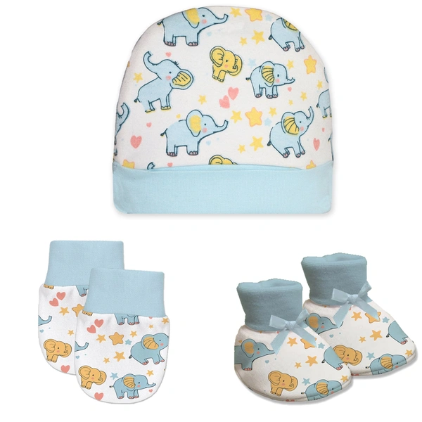Adhigams New Born Baby Elephant Stylish Cotton Caps/Mittens/Booties | Cotton Baby Set for Baby boy and Girl (Pack of 3) Blue