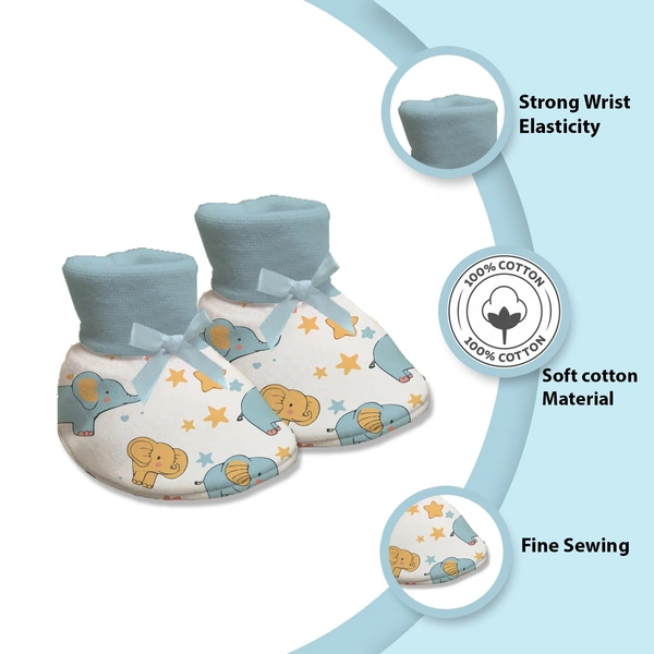 Adhigams New Born Baby Elephant Stylish Cotton Caps/Mittens/Booties | Cotton Baby Set for Baby boy and Girl (Pack of 3) Blue
