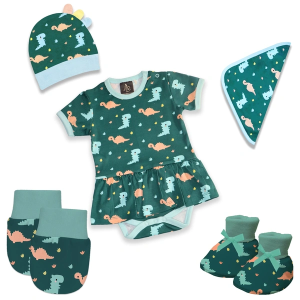 Adhigams New Born Baby Girl Caps/Rompers/Mittons/Booties/Napkins Clothing Gift Set -5 Pieces Dino Doodle (Green) for 0-6, 6-12 Months