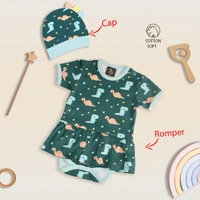 Adhigams New Born Baby Girl Caps/Rompers/Mittons/Booties/Napkins Clothing Gift Set -5 Pieces Dino Doodle (Green) for 0-6, 6-12 Months