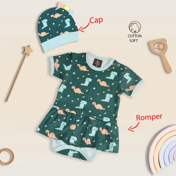 Adhigams New Born Baby Girl Caps/Rompers/Mittons/Booties/Napkins Clothing Gift Set -5 Pieces Dino Doodle (Green) for 0-6, 6-12 Months