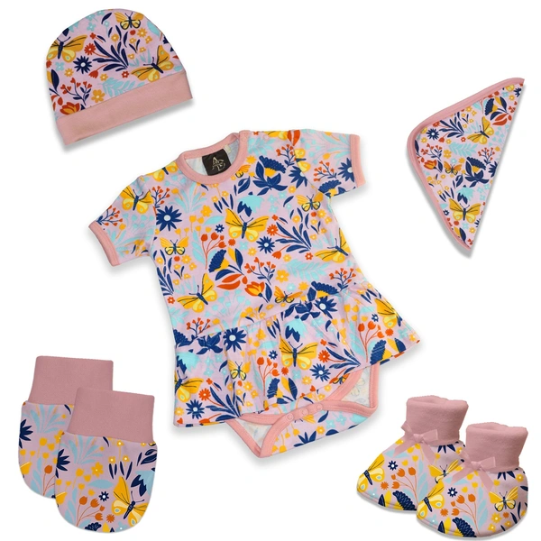 Adhigams New Born Baby Girl Caps/Rompers/Mittons/Booties/Napkins Clothing Gift Set -5 Pieces Sky Dancer (Pink) for 0-6, 6-12 Months