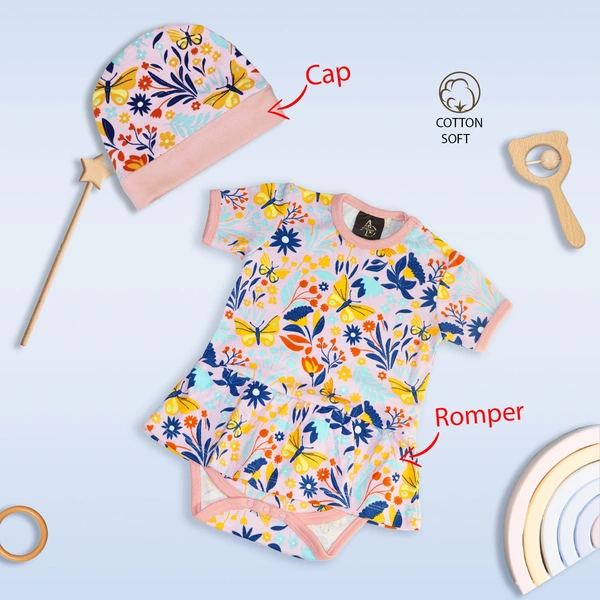 Adhigams New Born Baby Girl Caps/Rompers/Mittons/Booties/Napkins Clothing Gift Set -5 Pieces Sky Dancer (Pink) for 0-6, 6-12 Months