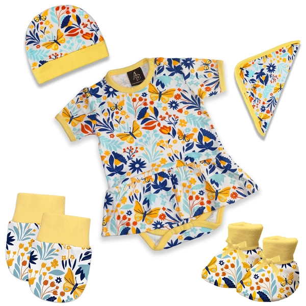 Adhigams New Born Baby Girl Caps/Rompers/Mittons/Booties/Napkins Clothing Gift Set -5 Pieces Sky Dancer (Yellow) for 0-6, 6-12 Months