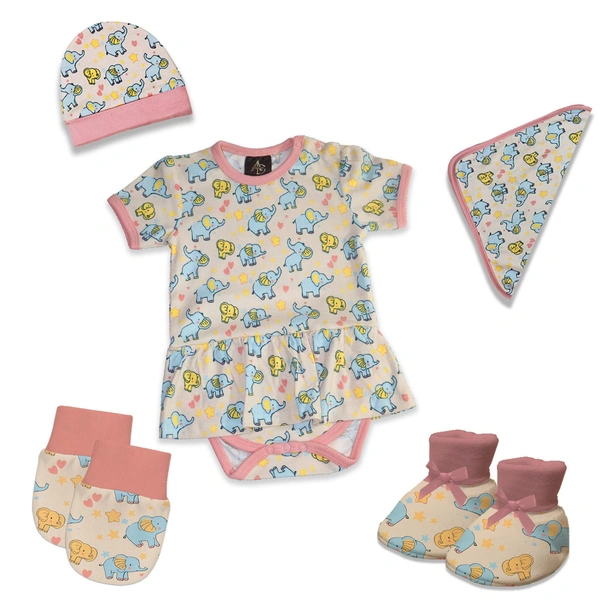Adhigams New Born Baby Girl Caps/Rompers/Mittons/Booties/Napkins Clothing Gift Set -5 Pieces Baby Elephant (Pink) for 0-6, 6-12 Months
