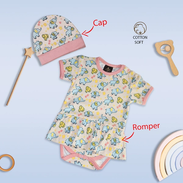 Adhigams New Born Baby Girl Caps/Rompers/Mittons/Booties/Napkins Clothing Gift Set -5 Pieces Baby Elephant (Pink) for 0-6, 6-12 Months