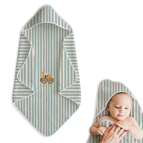 adhigams New Born Baby Jungle on Wheels Stylish Cotton Hooded Blanket for Baby boy and Girl | for 0 to 12 Months (Pack of 1) (Stripe Brown) - 0-12 M