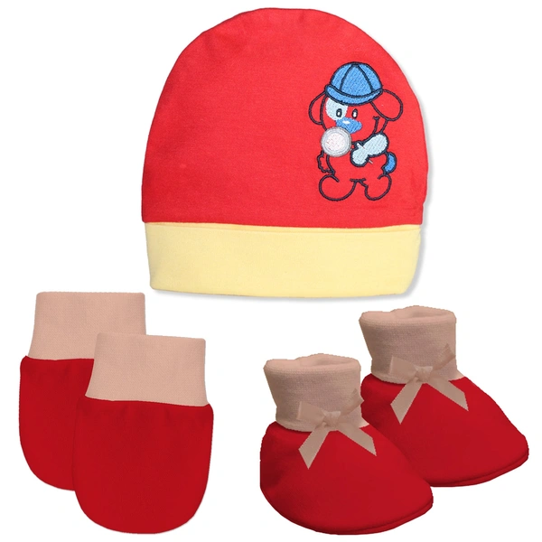 Adhigams New Born Bubbly Bear Stylish Cotton Caps/Mittens/Booties | Cotton Baby Set for Baby boy and Girl (Pack of 3) Red