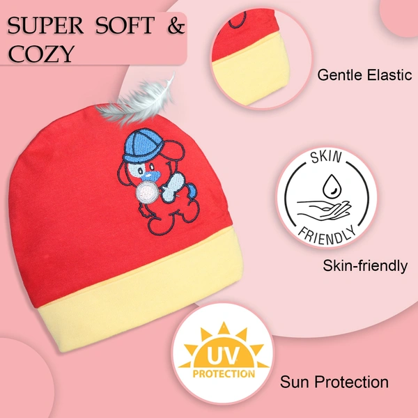 Adhigams New Born Bubbly Bear Stylish Cotton Caps/Mittens/Booties | Cotton Baby Set for Baby boy and Girl (Pack of 3) Red