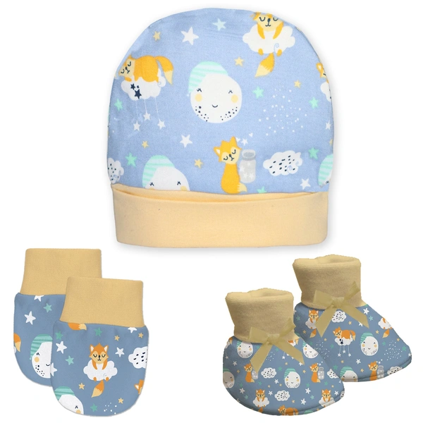 Adhigams New Born Cosmic Night Stylish Cotton Caps/Mittens/Booties | Cotton Baby Set for Baby boy and Girl (Pack of 3) Blue