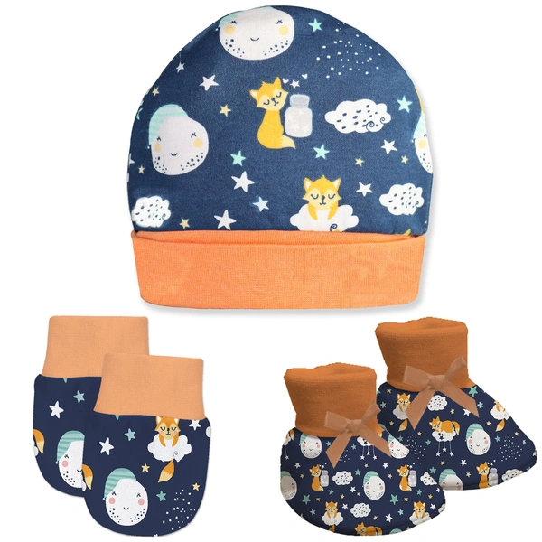 Adhigams New Born Cosmic Night Stylish Cotton Caps/Mittens/Booties | Cotton Baby Set for Baby boy and Girl (Pack of 3) Dark Blue