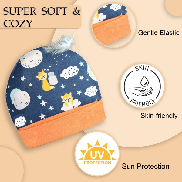 Adhigams New Born Cosmic Night Stylish Cotton Caps/Mittens/Booties | Cotton Baby Set for Baby boy and Girl (Pack of 3) Dark Blue