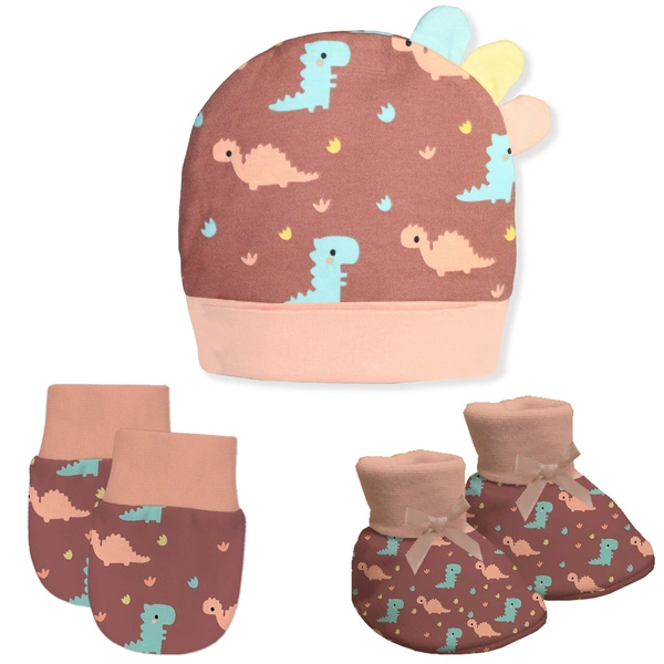 Adhigams New Born Dino Doodle Stylish Cotton Caps/Mittens/Booties | Cotton Baby Set for Baby boy and Girl (Pack of 3) Brown