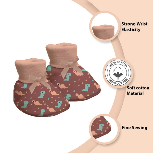 Adhigams New Born Dino Doodle Stylish Cotton Caps/Mittens/Booties | Cotton Baby Set for Baby boy and Girl (Pack of 3) Brown