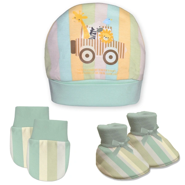 Adhigams New Born Jungle on Wheels Stylish Cotton Caps/Mittens/Booties | Cotton Baby Set for Baby boy and Girl (Pack of 3) multicolour