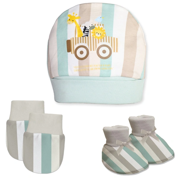 Adhigams New Born Jungle on Wheels Stylish Cotton Caps/Mittens/Booties | Cotton Baby Set for Baby boy and Girl (Pack of 3) multicolour