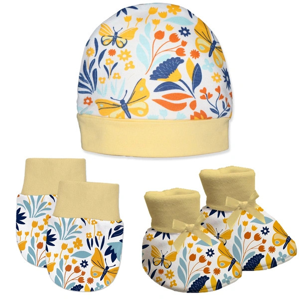 Adhigams New Born Sky Dancer Stylish Cotton Caps/Mittens/Booties | Cotton Baby Set for Baby boy and Girl (Pack of 3) Yellow