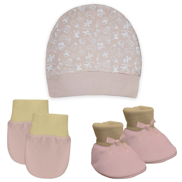 Adhigams New Born Tiny Teats Stylish Cotton Caps/Mittens/Booties | Cotton Baby Set for Baby boy and Girl (Pack of 3) Beige