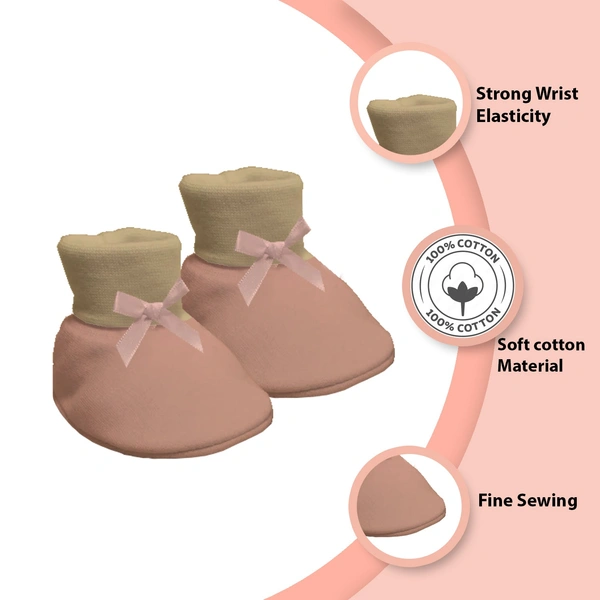 Adhigams New Born Tiny Teats Stylish Cotton Caps/Mittens/Booties | Cotton Baby Set for Baby boy and Girl (Pack of 3) Beige