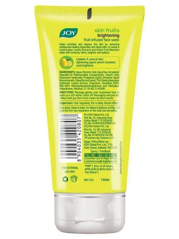 Joy Skin Fruits Lemon Brightening Face Wash 150 ml - 150 ml, Face Wash, 3 to 4 Days Deliver