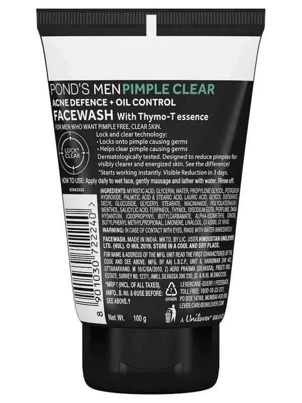 Pond's Men Pimple Clear Face Wash with Active Thymo-T Essence 100 g - 100g, Face Wash, 100g, 3 to 4 Days Deliver