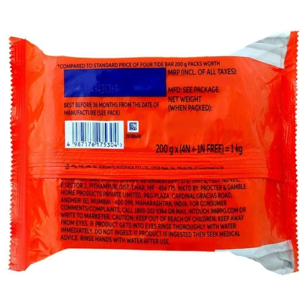 TIDE Tide White Detergent Bar 200 g (4+1 Free) - 200g