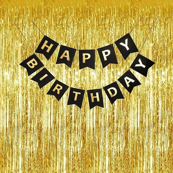 2 Pcs 3ftx6ft Golden Metallic Fringe Foil Curtains Backdrop & Black Banner