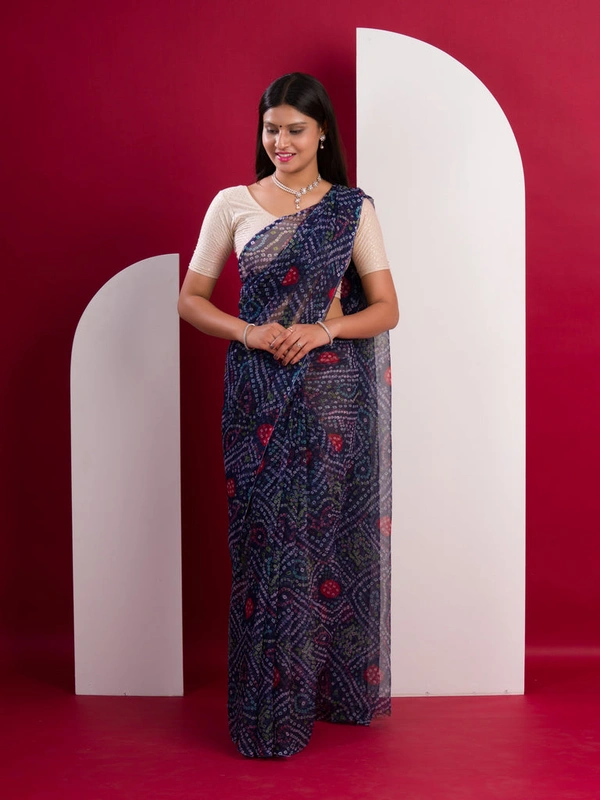 KcPc Rajwadi Style Royal Georgette Bandhani Sarees Navy Blue STL