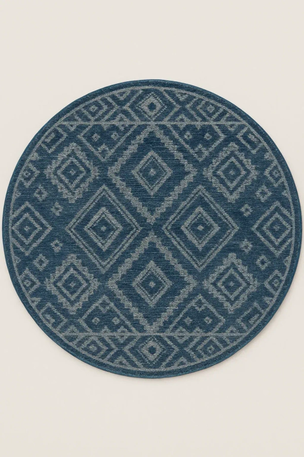ThreadVale Bohemian Diamond 8' Round Round Rug - Blue/Navy - 8' Round, Blue/Navy