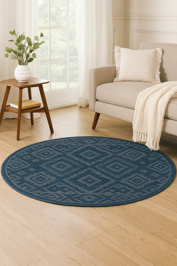ThreadVale Bohemian Diamond 8' Round Round Rug - Blue/Navy - 6' Round, Blue/Navy
