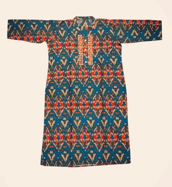Pochampally Ikat Cotton Kurti with Mirror Work (M to XXL) - Pine Green, M To XXL Size Available