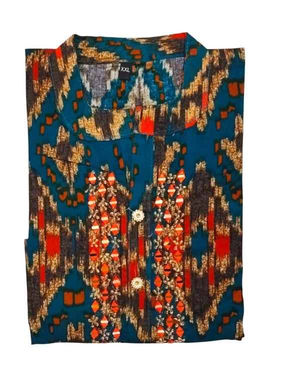 Pochampally Ikat Cotton Kurti with Mirror Work (M to XXL) - Pine Green, M To XXL Size Available