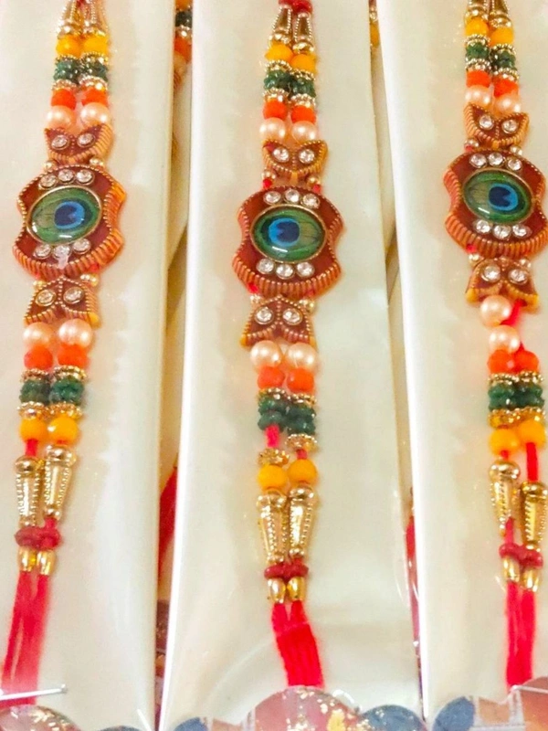 Peacock Design Stone Rakhi for Brother 6 Pcs - Red, Free Size
