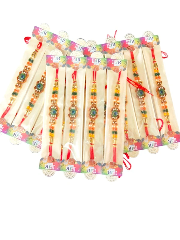 Peacock Design Stone Rakhi for Brother 6 Pcs - Red, Free Size