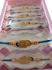 Peacock Design Golden Stone Rakhi with Blue Thread Set 3 Pcs - Twilight Blue, Free Size