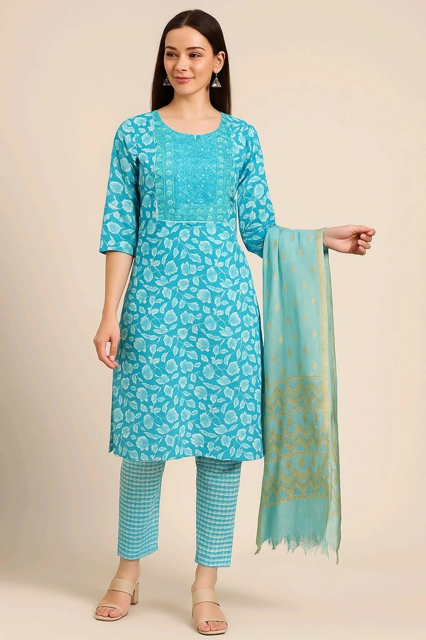 Cotton Blend Women Kurti With Dupatta & Bottomwear - Eastern Blue, XL