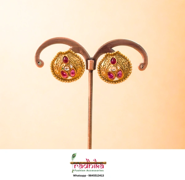 Elegant oxidised gold pan shape studs with vibrant stones