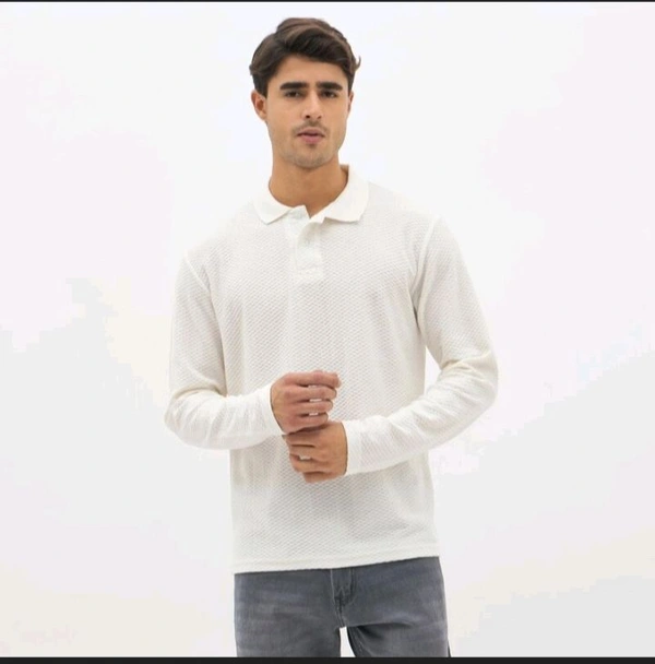 Ziptoo Men's White Textured Long Sleeve Polo T-Shirt – Elegant Everyday Essential - White, S