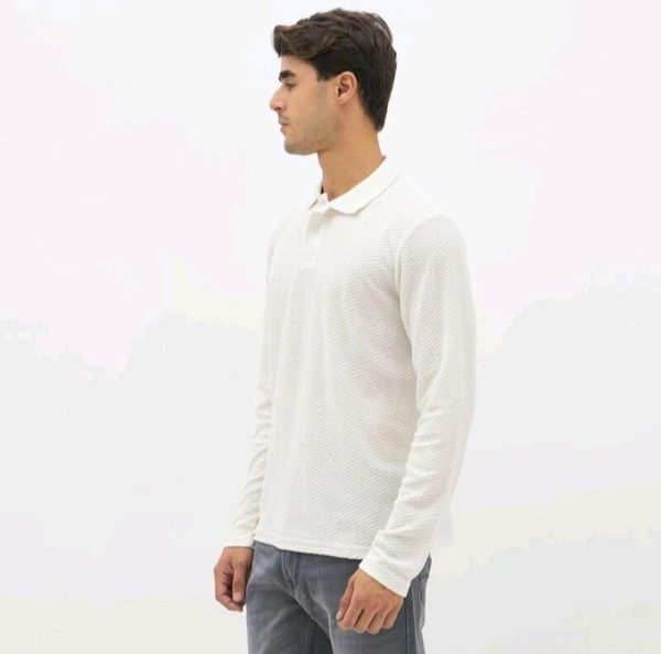 Ziptoo Men's White Textured Long Sleeve Polo T-Shirt – Elegant Everyday Essential - White, S