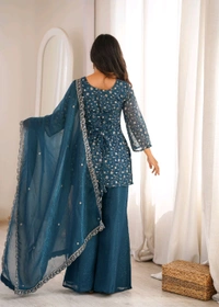 KRV DESIRE CRUNCHY SILK FABRIC WITH EMBROIDERY SEQUENCE AND JARI WORK,TOP WITH DUPPTA SET,BELL BOTTOM PENT READY TO WEAR •KB-300
- S, Pine Green