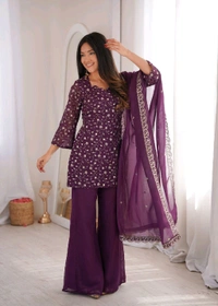 KRV DESIRE CRUNCHY SILK FABRIC WITH EMBROIDERY SEQUENCE AND JARI WORK,TOP WITH DUPPTA SET,BELL BOTTOM PENT READY TO WEAR •KB-300
- S, Purple