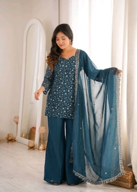 KRV DESIRE CRUNCHY SILK FABRIC WITH EMBROIDERY SEQUENCE AND JARI WORK,TOP WITH DUPPTA SET,BELL BOTTOM PENT READY TO WEAR •KB-300
- M, Pine Green
