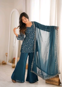 KRV DESIRE CRUNCHY SILK FABRIC WITH EMBROIDERY SEQUENCE AND JARI WORK,TOP WITH DUPPTA SET,BELL BOTTOM PENT READY TO WEAR •KB-300
- M, Pine Green