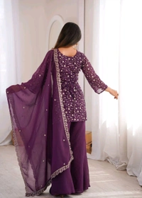 KRV DESIRE CRUNCHY SILK FABRIC WITH EMBROIDERY SEQUENCE AND JARI WORK,TOP WITH DUPPTA SET,BELL BOTTOM PENT READY TO WEAR •KB-300
- M, Purple