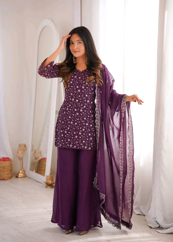 KRV DESIRE CRUNCHY SILK FABRIC WITH EMBROIDERY SEQUENCE AND JARI WORK,TOP WITH DUPPTA SET,BELL BOTTOM PENT READY TO WEAR •KB-300
- XL, Purple