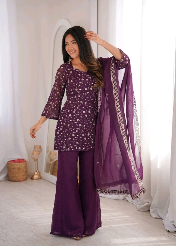 KRV DESIRE CRUNCHY SILK FABRIC WITH EMBROIDERY SEQUENCE AND JARI WORK,TOP WITH DUPPTA SET,BELL BOTTOM PENT READY TO WEAR •KB-300
- XL, Purple